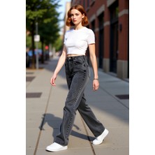 PayBuy Kadın Açık Yüksek Bel Geniş Paça Denim Pantolon Fonksiyonel Dayanıklı Kaliteli Konforlu Şık