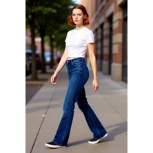 PayBuy Kadın Koyu Yüksek Bel Flare Denim Pantolon Fonksiyonel Dayanıklı Kaliteli Konforlu Estetik