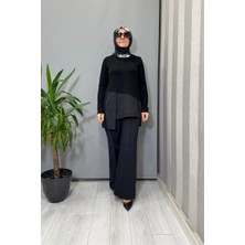 Miss Dalida Triko Denim Detaylı Tunik ve Boru Paça Pantolon Takım Siyah T25PF-6018 (7008)