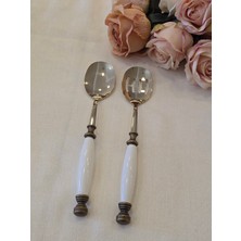 2 Parça Porselen Salata Servis Kaşık Seti Antik Titanyum