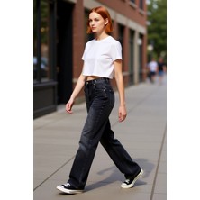 PayBuy Kadın Antrasit Asimetrik Kapanışlı Yüksek Bel Straight Kesim Jean Pantolon Fonksiyonel Şık