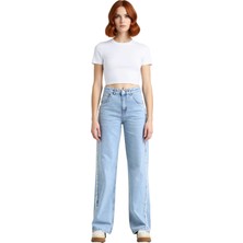 Ersefa Kadın Açık Püsküllü Yüksek Bel Straight Denim Pantolon Fonksiyonel Dayanıklı Kaliteli Spor
