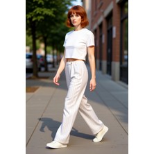 PayBuy Kadın Çizgili Yüksek Bel Düz Kesim Keten Görünümlü Pantolon Fonksiyonel Dayanıklı Kaliteli