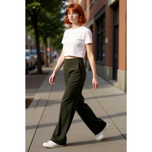 PayBuy Kadın Haki Geniş Paça Dokuma Pantolon Fonksiyonel Dayanıklı Kaliteli Konforlu Estetik Spor