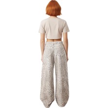 Ersefa Kadın Wide Leg Ekose Desenli Denim Pantolon Normal Bel Fonksiyonel Dayanıklı Kaliteli Spor