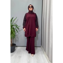 Misswhence Kolu Kumaş ve Diliş Detaylı Tunik Bordo 38040