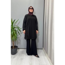 Misswhence Kolu Kumaş ve Diliş Detaylı Tunik Siyah 38040