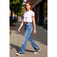 PayBuy Kadın Trok Detaylı Yüksek Bel Flare Jean Pantolon Fonksiyonel Dayanıklı Kaliteli Konforlu Şık