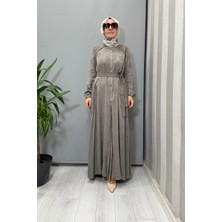 Misswhence Fermuar Detaylı Jakarlı Cupra Ipek Elbise Gri 38835