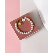 Taşmir Sertifikalı Gerçek Doğal Beyaz Inci Kadın Bileklik Çelik Bağlantı Aparatlı Istiridye Harf