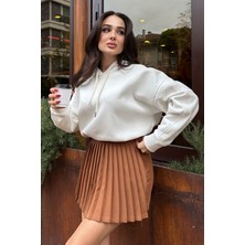 Tommy Life Ekru Reglan Kol Basic Kapüşonlu Oversize Sweatshirt Tunik - 97242