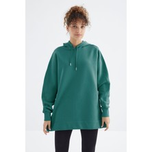 Tommy Life Deniz Yeşili Reglan Kol Basic Kapüşonlu Oversize Sweatshirt Tunik - 97242