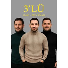 Silerra Erkek Fitilli Triko Kazak 3'lü Set Bej Haki Siyah Regular Balıkcı Yaka Tam Boğazlı Triko Seti Modeli Kazak