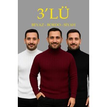Silerra Erkek Fitilli Triko Kazak 3'lü Set Beyaz Bordo Siyah Regular Balıkcı Yaka Tam Boğazlı Triko Seti Modeli Kazak