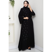 Kuşaklı Çiçek Taşlı Ferace Siyah HM2853