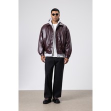 Vamos Basıc Suni Deri Oversize Ceket Bordo