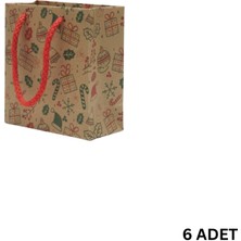 Roco Paper Co. Yılbaşı Desenli Kraft Karton Çanta Seti-6lı, Kırmızı Ipli Parti, Noel, Hediye Çantası, 11X11 cm