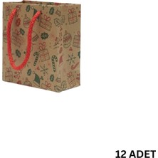 Roco Paper Co. Yılbaşı Tasarımlı Kraft Karton Çanta SETI-12LI, Parti, Noel, Hediye Çantası, Kırmızı Ipli, 11X11 cm
