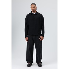 Vamos Oversize Polo Yaka Triko Kazak Siyah