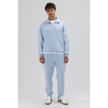 Vamos Oversize Fermuarlı Dik Yaka Sweatshirt Bebe Mavi