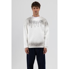 Vamos Yıkamalı Oversize Baskılı Sweatshirt Ekru