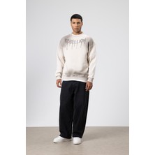 Vamos Yıkamalı Oversize Baskılı Sweatshirt Taş