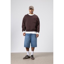 Vamos Bisiklet Yaka Cep Detaylı Oversize Sweatshirt Kahve