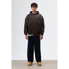 Vamos Oversize Nakış Detaylı Hoodie Kahve
