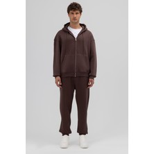 Vamos Basic Fermuarlı Oversize Kapüşonlu Sweatshirt Kahve