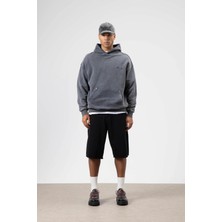 Vamos Oversize Yıkamalı Baskılı Kapüşonlu Sweatshirt Siyah