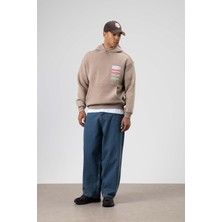 Vamos Oversize Yıkamalı Baskılı Kapüşonlu Sweatshirt Vizon