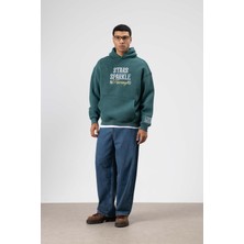 Vamos Oversize Nakış BaskılıKapüşonlu Sweatshirt Nefti