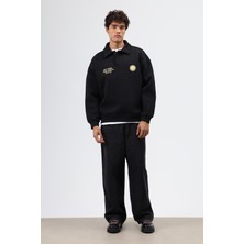 Vamos Polo Yaka Oversize Baskılı Yıkamalı Sweatshirt Siyah