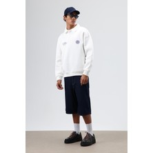 Vamos Polo Yaka Oversize Baskılı Yıkamalı Sweatshirt Ekru