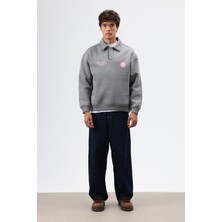 Vamos Polo Yaka Oversize Baskılı Yıkamalı Sweatshirt Füme