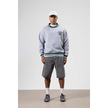 Vamos Oversize Yaka Nakış Detaylı Sweatshirt Gri Melanj