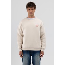 Vamos Oversize Bisiklet Yaka Baskılı Sweatshirt Taş