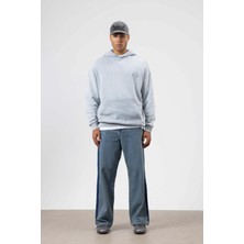 Vamos Oversize Yıkamalı Baskılı Kapüşonlu Sweatshirt Gri