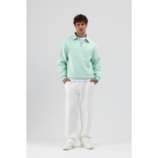 Vamos Oversize Fermuarlı Dik Yaka Sweatshirt Mint