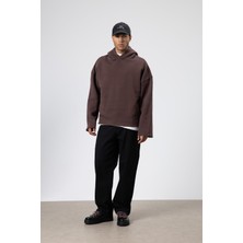 Vamos Basic Oversize Dikişsiz Kapüşonlu Sweatshirt Kahve