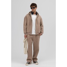 Vamos Basic Fermuarlı Oversize Kapüşonlu Sweatshirt Vizon