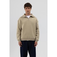 Vamos Basic Fermuarlı Dik Yaka Sweatshirt Haki