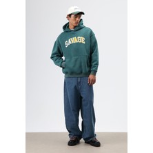 Vamos Oversize Baskılı Kapüşonlu Sweatshirt Nefti