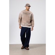 Vamos Yıkamalı Oversize Baskılı Sweatshirt Vizon