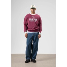 Vamos Oversize Bisiklet Yaka Baskılı Sweatshirt Bordo