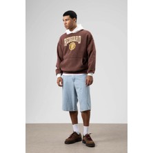 Vamos Oversize Baskılı Kapüşonlu Sweatshirt Kahve