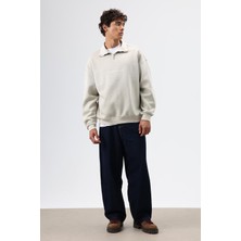 Vamos Yaka Fermuarlı Oversize Sweatshirt Bej