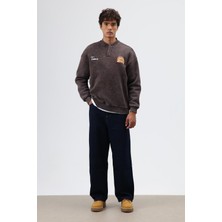 Vamos Oversize Bisiklet Yaka Baskılı Sweatshirt Kahve