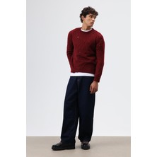 Vamos Oversize Desenli Triko Kazak Bordo