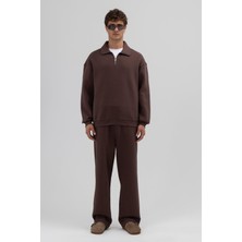 Vamos Oversize Fermuarlı Dik Yaka Sweatshirt Kahve